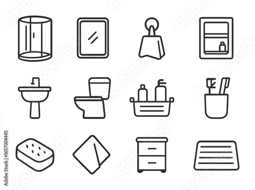 Tiny Bathroom Essentials Icons. Outline icon set of tiny bathroom essentials: corner shower, wall mirror,