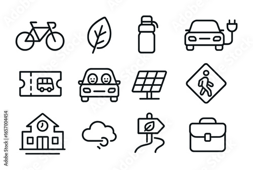 Eco Commuting Icons. Outline icon set of eco-friendly commuting: bicycle, leaf icon, reusable bottle, electric