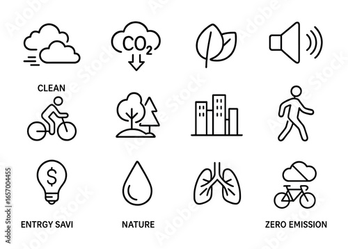 Cycling Environmental Benefits Icons. Outline icon set of environmental benefits of cycling: clean air, CO2