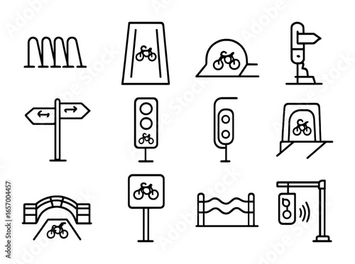 Bicycle Infrastructure Icons. Outline icon set of bicycle infrastructure: bike rack, cycle path, curb ramp,