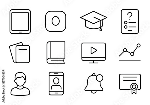 Educational App Icons. Outline icon set of educational apps: tablet, app icon, graduation cap, quiz screen,