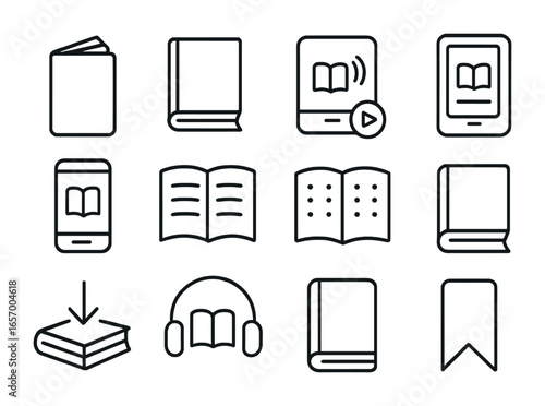 Modern Book Format Icons. Outline icon set of modern book formats: paperback, hardcover, audiobook player,
