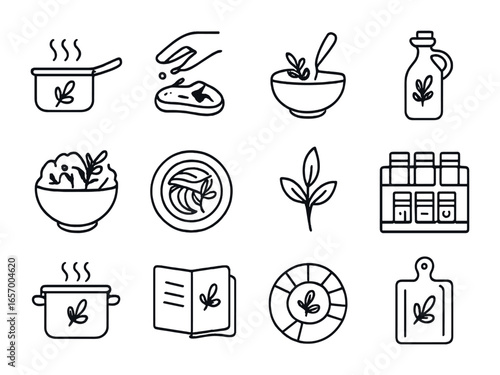 Culinary Herb Icon Set. Outline icon set of culinary herb uses: sauce pan, herb rub, marinade bowl, infused