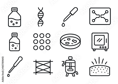 Tissue Engineering Icons. Outline icon set of tissue engineering: cell culture flask, collagen strand, cell