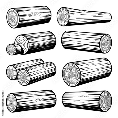 Nine Wood Logs: Varied Angles & Cross-Sections, Black & White Line Art Illustrations