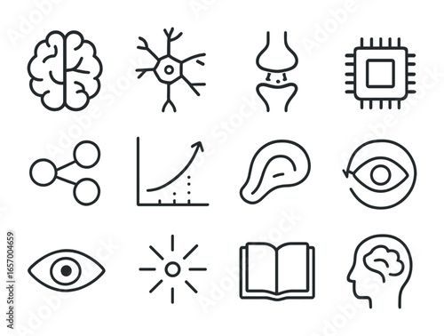 Learning and Memory Icons. Outline icon set of learning and memory science: brain, neuron, synapse, memory