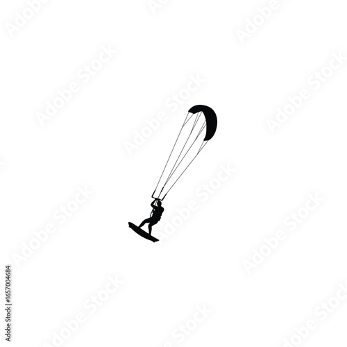 Silhouette of a kitesurfer riding a board with a large kite against a white background