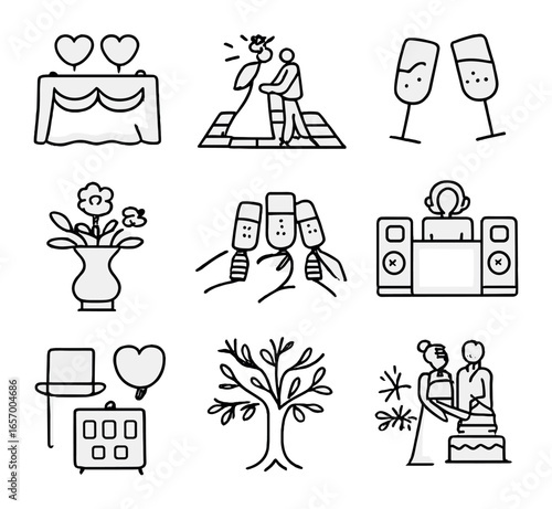 Wedding Icons Collection. Outline icon set of wedding reception details: sweetheart table, dance floor,