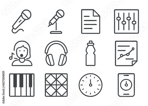 Vocal Practice Icons. Outline icon set of vocal practice session: handheld mic, mic stand, lyrics sheet, sound