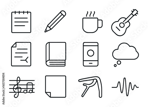 Songwriting Session Icons. Outline icon set of songwriting session: notepad, pencil, coffee mug, acoustic