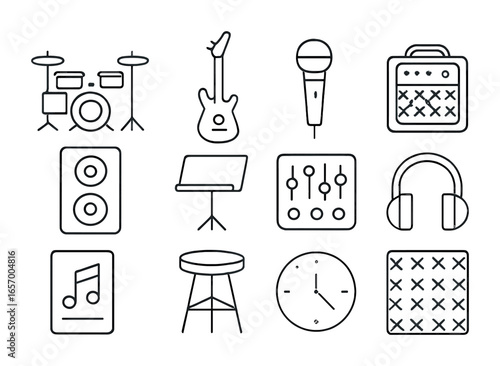 Band Rehearsal Icons. Outline icon set of band rehearsal studio: drum kit, electric guitar, microphone, amp,