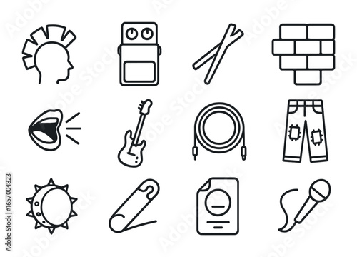 Punk Band Icon Set. Outline icon set of punk band energy: mohawk icon, distortion pedal, broken drumstick,