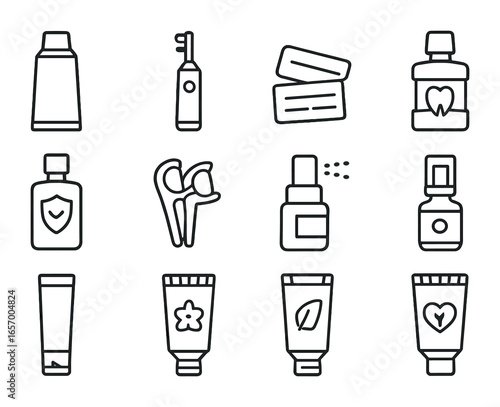Oral Care Icons Grid. Outline icon set of oral care products: toothpaste, electric brush, whitening strips,
