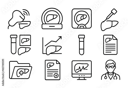 Medical Liver Diagnostics Icons. Outline icon set of medical liver diagnostics: ultrasound probe, liver MRI,