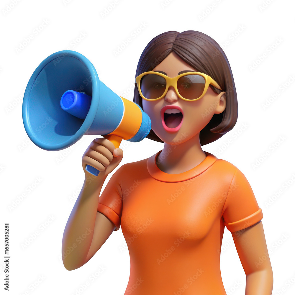 Naklejka premium 3d cartoon woman shouting through megaphone isolated on transparent background