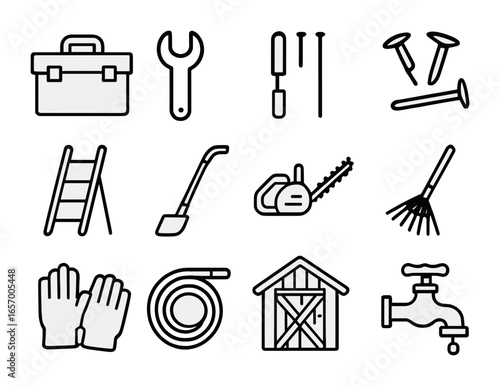 Countryside Maintenance Icons. Outline icon set of home maintenance in the countryside: tool box, wrench,