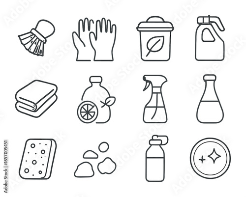Eco-Friendly Cleaning Icons. Outline icon set of sustainable house cleaning: bamboo brush, reusable gloves,
