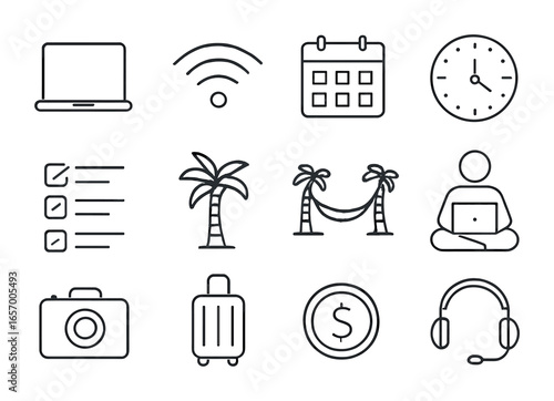Freelance Sabbatical Icons. Outline icon set of remote freelancing while on sabbatical: laptop, Wi-Fi,
