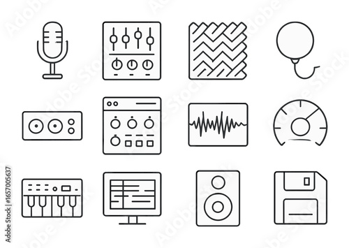 Music Production Icons. Outline icon set of music production tools: studio mic, mixing board, soundproof panel