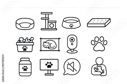 Pet-Friendly Office Icons. Outline icon set of home office with pets: pet bed, cat tree, dog bowl, scratch pad