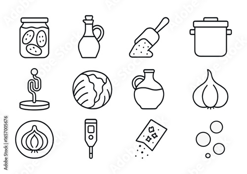 Pickling and Fermenting Icons. Outline icon set of pickling and fermenting: pickling jar, vinegar bottle, salt