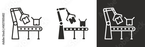 flat and linear set icons, production on factory, automated production line icon, simple symbols on white and black background - editable stroke vector illustration