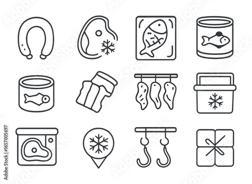 Meat and Fish Preservation Icons. Outline icon set of meat and fish preservation: smoked sausage, frozen steak