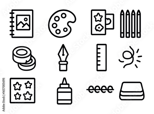 Creative Journaling Tools. Outline icon set of creative journaling tools: sketchbook, paint palette, stickers,