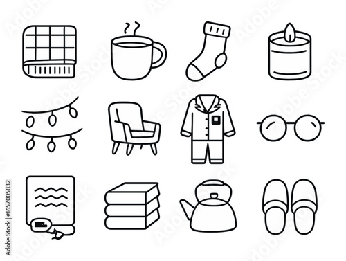 Cozy Evening Icons. Outline icon set of cozy evening essentials: wool blanket, hot cocoa mug, fuzzy socks,