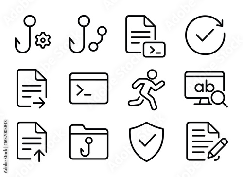 Automation Hook Icons. Outline icon set of automation and hooks: pre-commit hook, post-merge icon, hook script