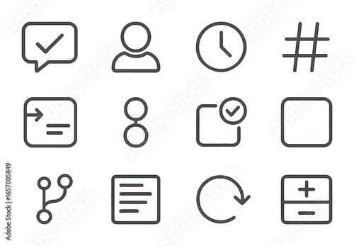 Commit Icon Set. Outline icon set of commit management: commit message, author avatar, timestamp icon, hash