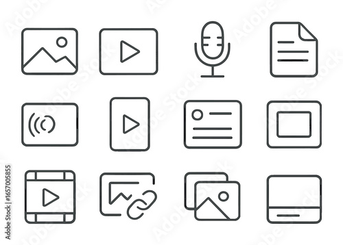 Content Share Icons Grid. Outline icon set of content sharing formats: image post, video clip, podcast mic,