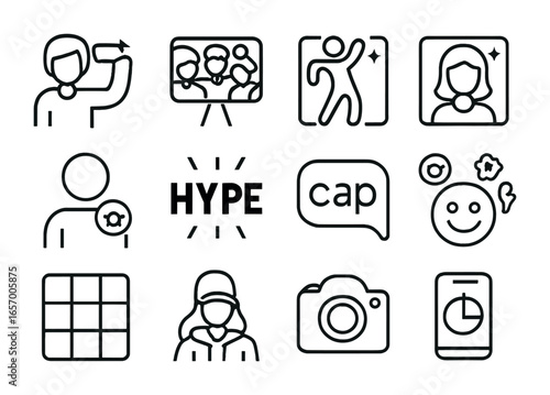 Youth Culture Icons. Outline icon set of youth and social media culture: selfie icon, squad photo, viral trend