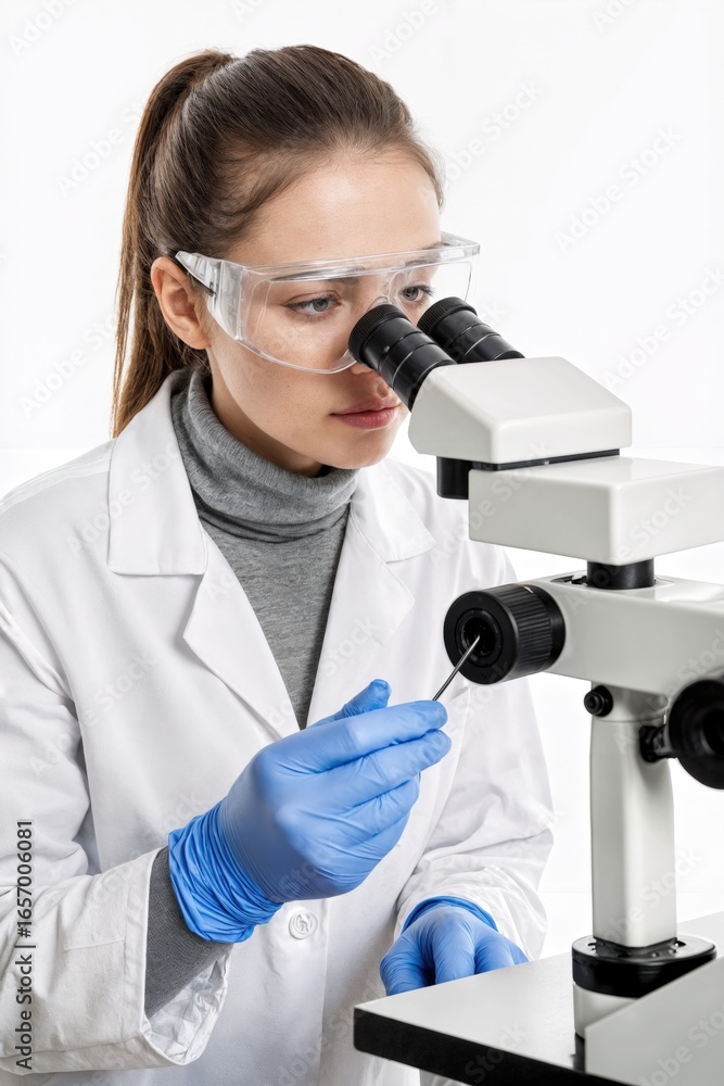 Fototapeta premium Scientist conducts research using microscope in a laboratory setting during the day in a well-lit environment