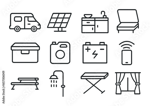 Mobile Home Icons. Outline icon set of mobile home living: camper van, solar panel, compact kitchen, foldable