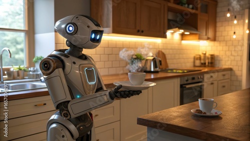Friendly ai robot assistant serves coffee in a warm and inviting modern kitchen setting.
