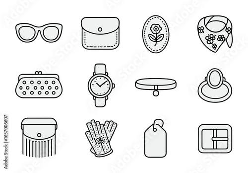 Vintage Thrift Icons. Outline icon set of vintage and thrift fashion finds: retro sunglasses, leather pouch,