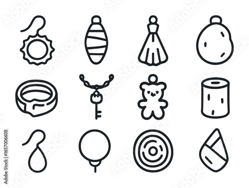 Upcycled Jewelry Icons. Outline icon set of upcycled jewelry elements: bottle cap earring, paper bead, scrap