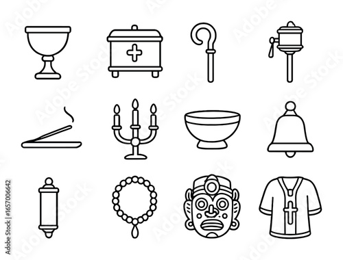 Religious Artifacts Icons. Outline icon set of religious artifacts and relics: holy chalice, relic box, staff,