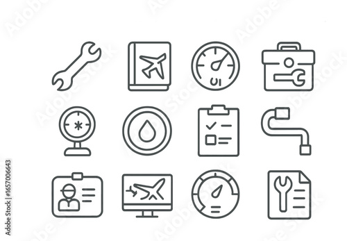 Aircraft Maintenance Icons. Outline icon set of aircraft maintenance and checks: wrench, maintenance log, oil