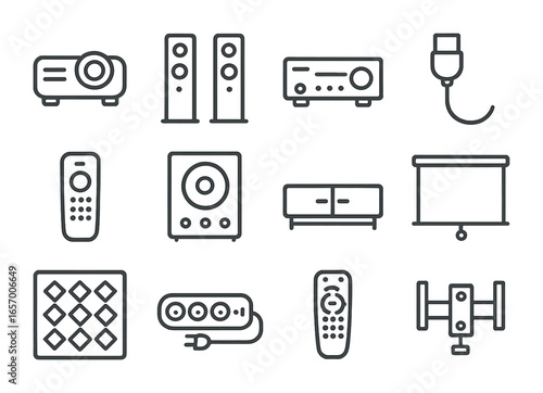 Home Theater Icon Set. Outline icon set of home theater setup: projector, surround speakers, AV receiver, HDMI