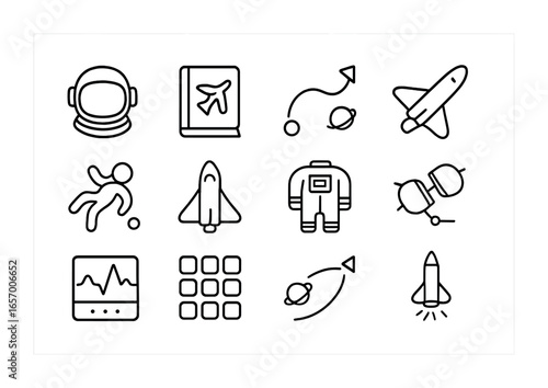 Space-Aviation Icon Set. Outline icon set of space and aviation crossover: astronaut helmet, flight manual,