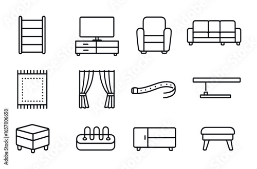 Home Entertainment Icons. Outline icon set of home entertainment furniture: media rack, TV stand, recliner