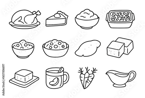 Fall Feast Icons. Outline icon set of fall-inspired dishes: roast turkey, pumpkin pie, mashed potatoes, green
