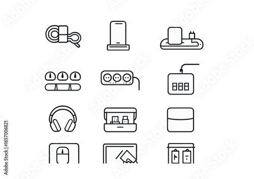 Tech Clutter Solutions. Outline icon set of tech clutter management: cable wrap, charger dock, device tray,