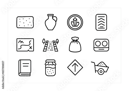 Salt Artifact Icons Grid. Outline icon set of salt-related historical artifacts: ancient salt slab, clay