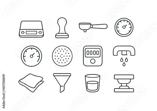 Espresso Icon Set. Outline icon set of espresso shot preparation: scale, tamper, portafilter, grind size dial,