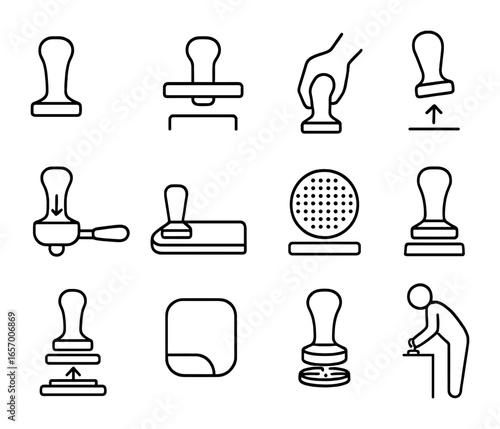 Tamping Techniques Icon Set. Outline icon set of tamping techniques: flat tamper, leveler tool, wrist angle
