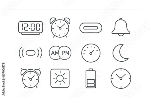 Alarm Clock Icons. Outline vector icons of alarm clock face: digital display, analog hands, snooze button,