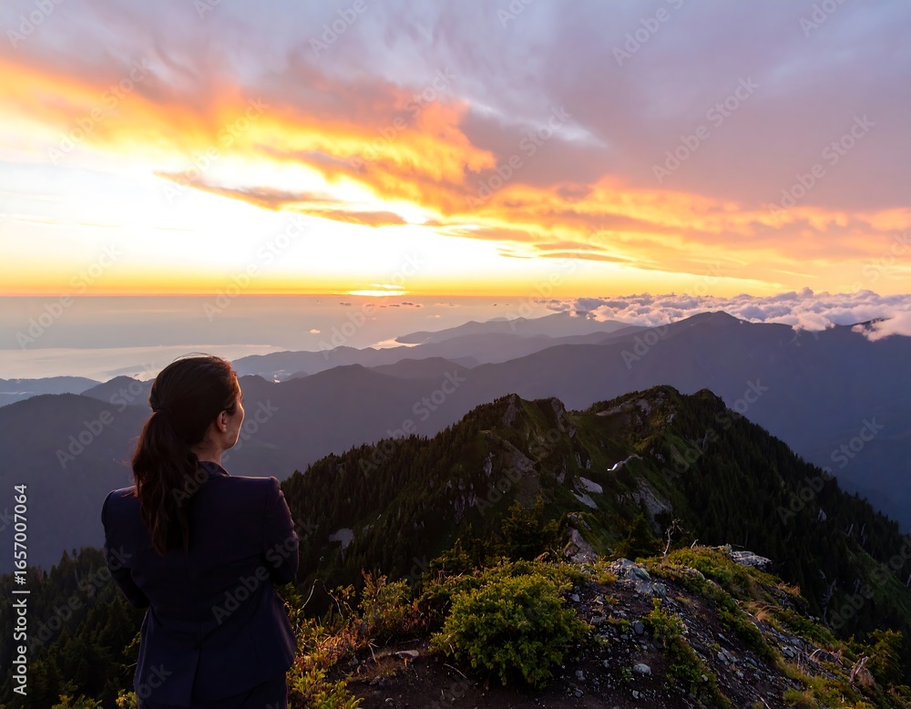Fototapeta premium Woman contemplates mountain sunset